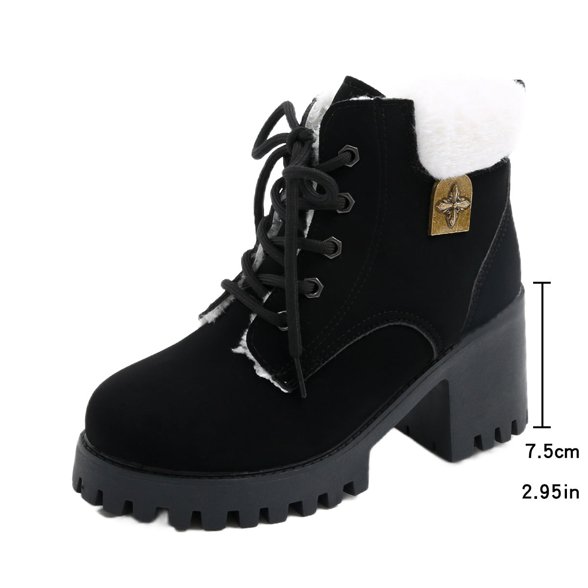Bottines de combat à lacets en peluche givrée pour femme Fiorelle - Bottines d'hiver à talon bloc et semelle antidérapante pour les trajets quotidiens (US 4-10)