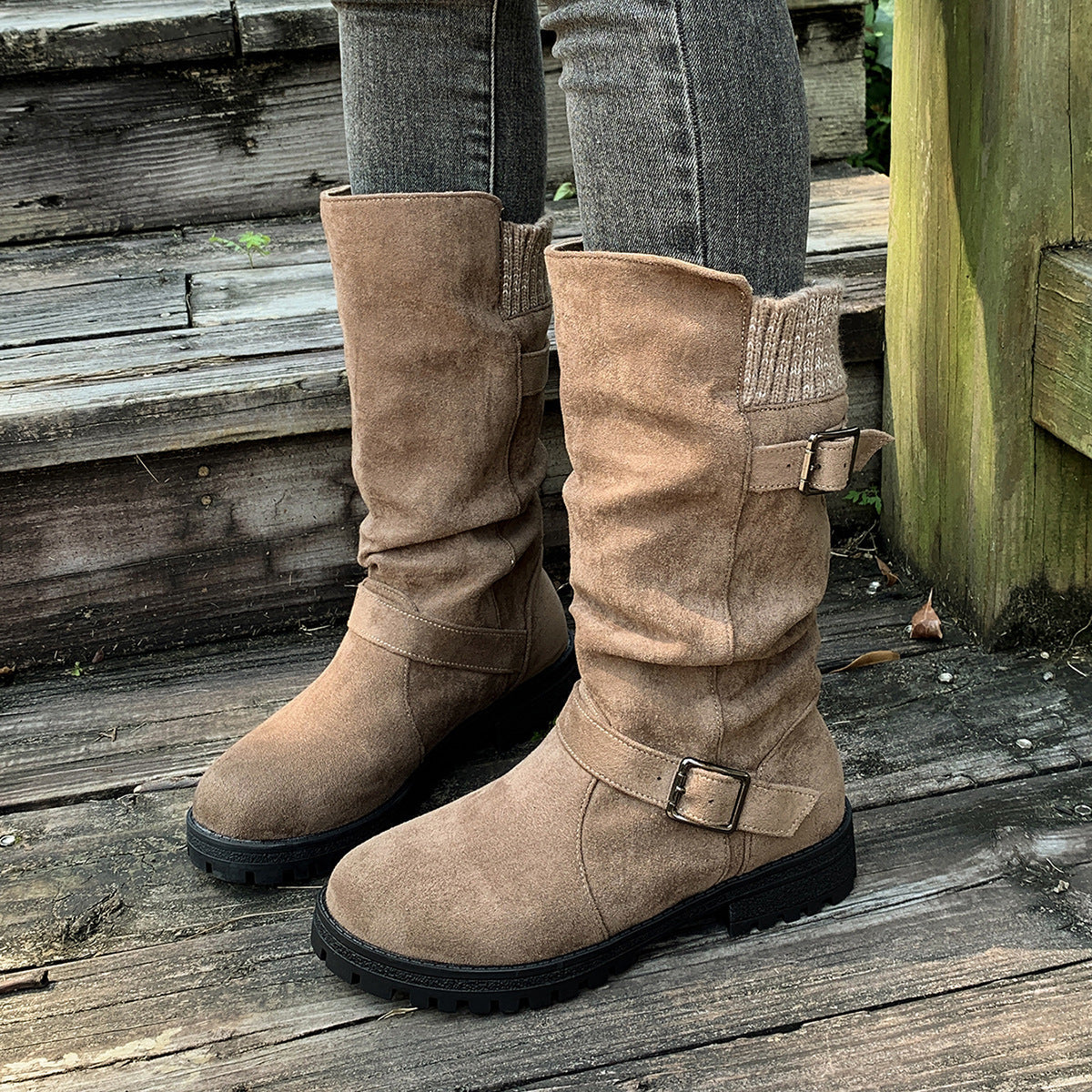 Fiorelle Damen-Wildlederstiefel mit Schnalle, wadenhoch – Gestrickte Manschette, Western-Stil, Slouchy-Schuhe (US 5–10,5)