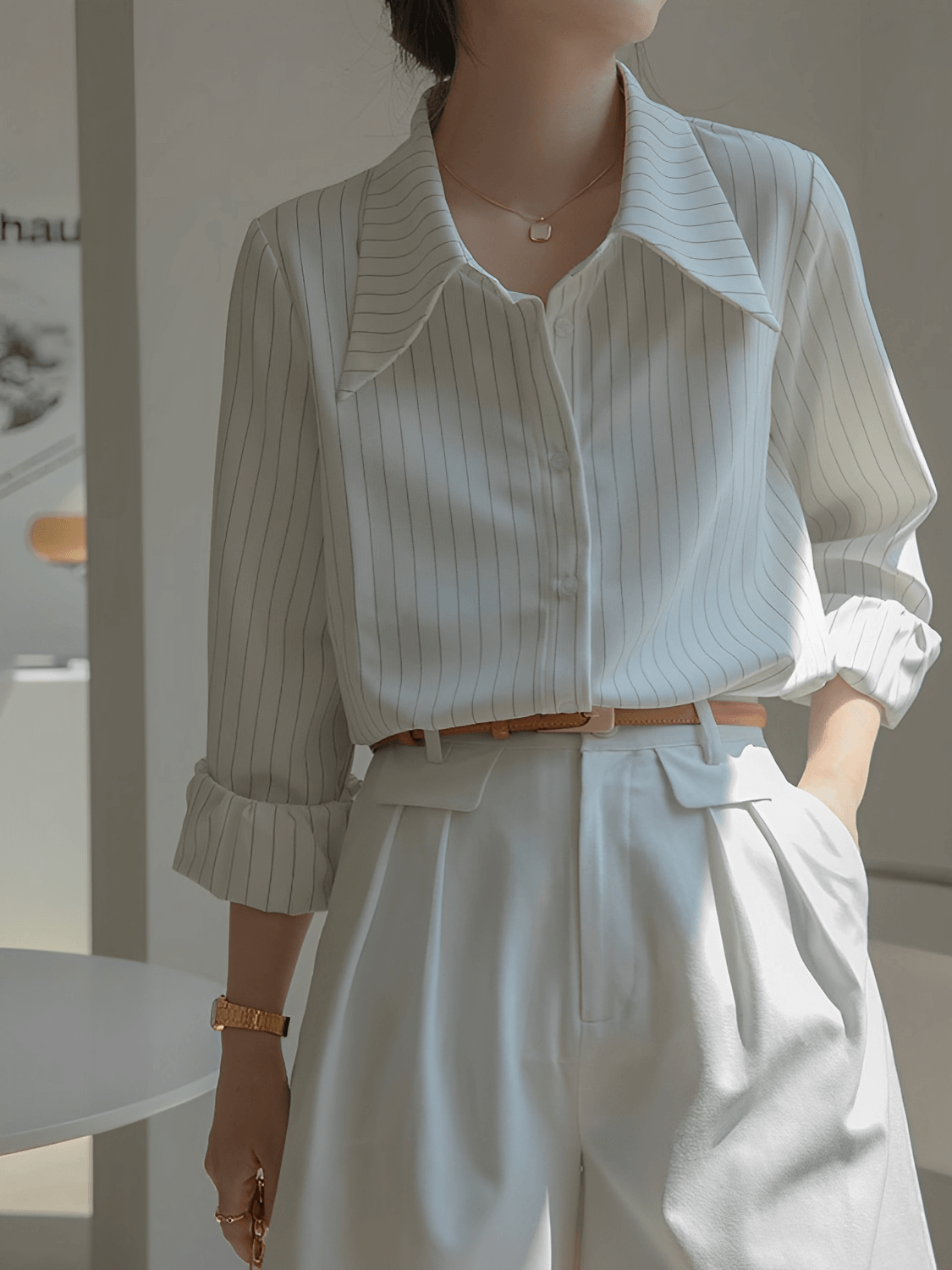 Vintage Pinstripe Shirt with Wide Collar and Fitted Cuffs - Lucia
