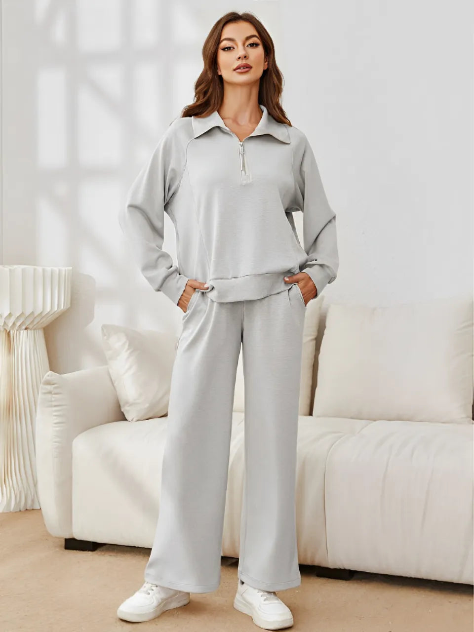 Damen-Set mit verstellbarem Stehkragen-Pullover und Hose mit mittelhohem Bund und Kordelzug – Alessandra
