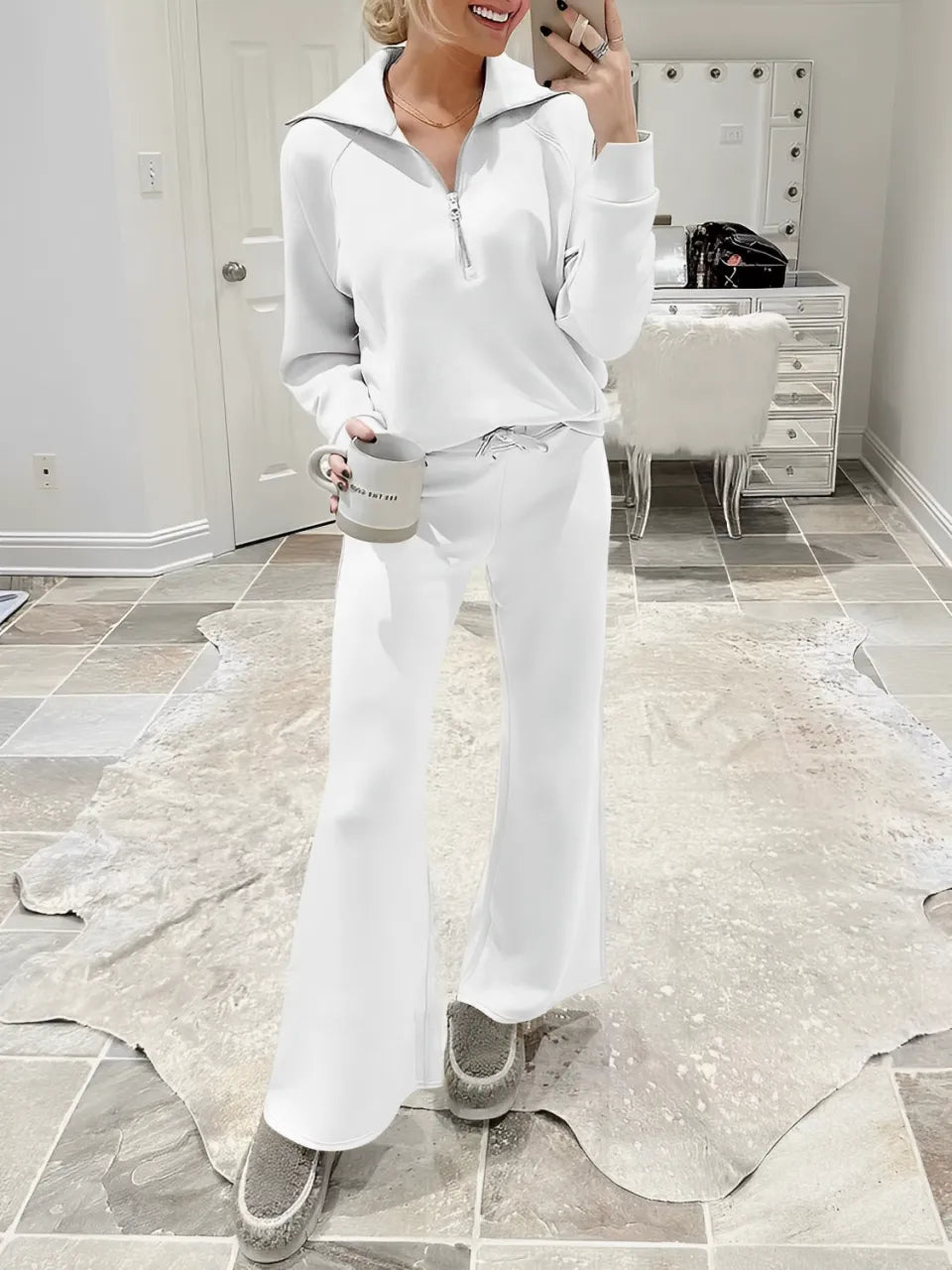 Women's Set with Adjustable High-Neck Sweater and Mid-Rise Drawstring Trousers - Alessandra