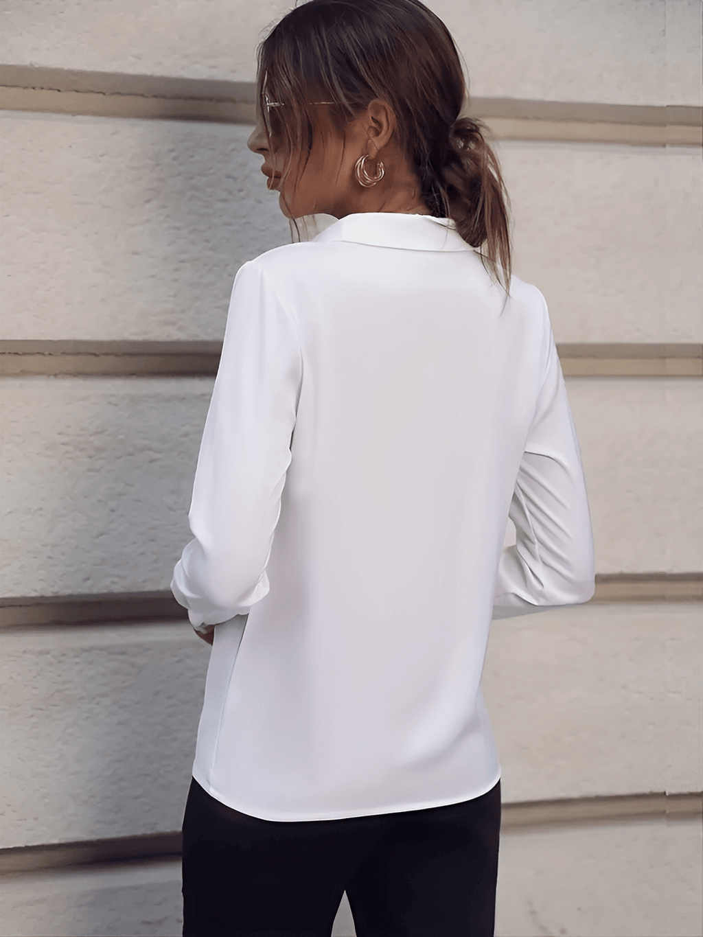 Chiffon Shirt with Lapel Collar and Pearl Brooch - Gladys