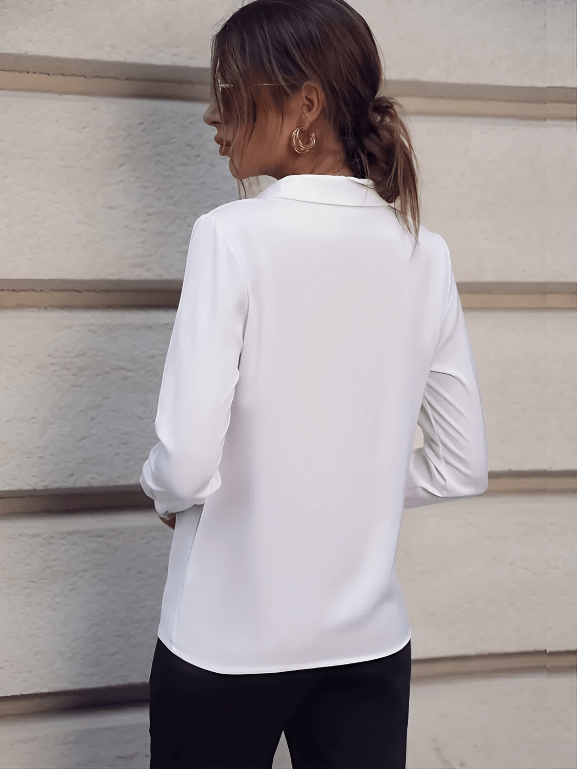 Chiffon Shirt with Lapel Collar and Pearl Brooch - Gladys
