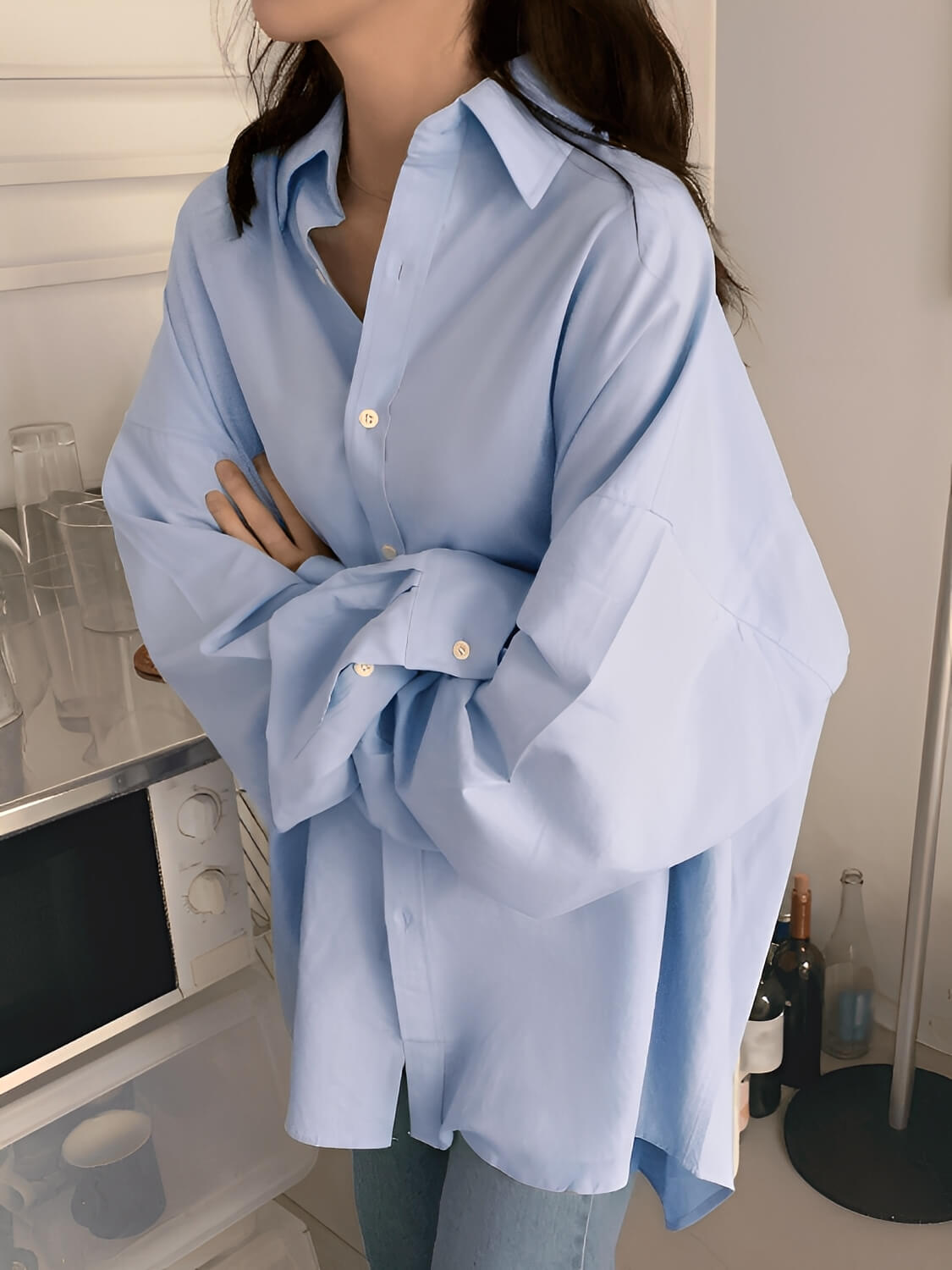Chemise oversize à manches longues avec col rabattu et boutons – Lane