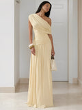 Fitted One-Shoulder Pleated Maxi Dress with Ruching – Lunara