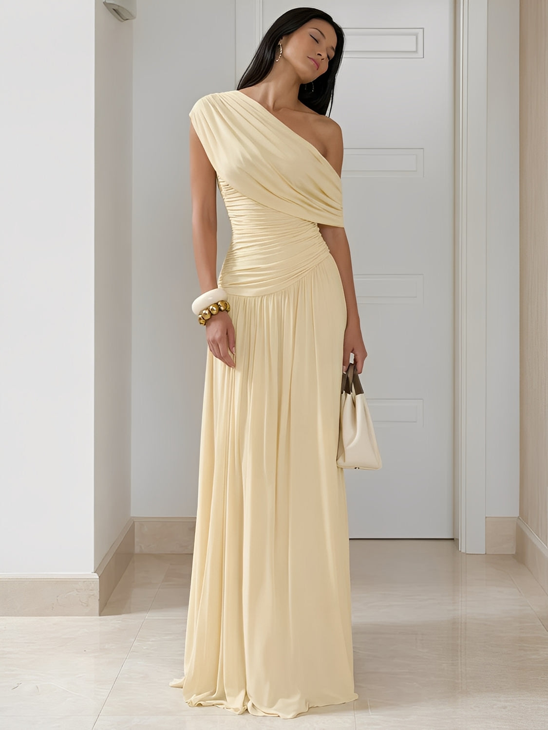 Fitted One-Shoulder Pleated Maxi Dress with Ruching – Lunara