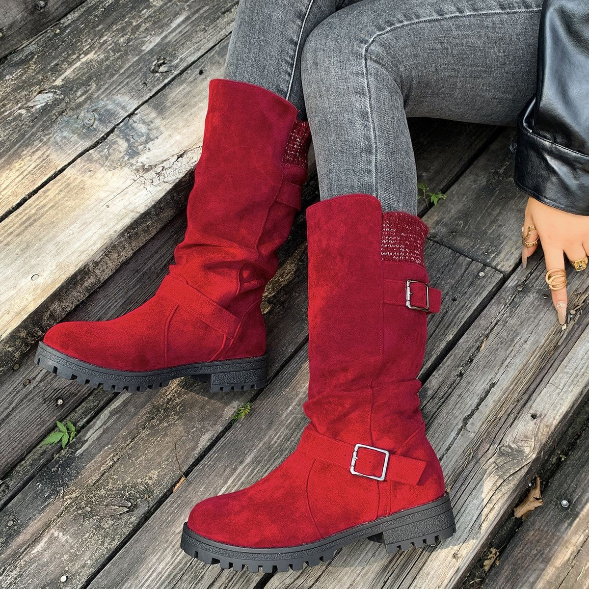 Fiorelle Damen-Wildlederstiefel mit Schnalle, wadenhoch – Gestrickte Manschette, Western-Stil, Slouchy-Schuhe (US 5–10,5)