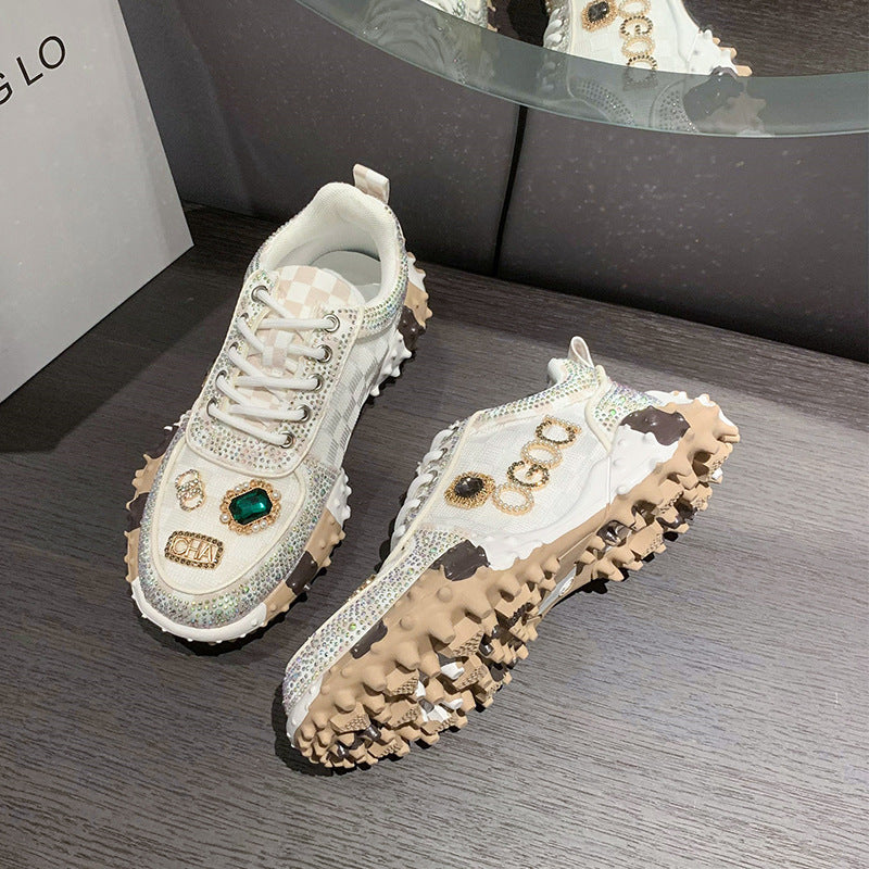 Fiorelle Damen Lumira bestickte Buchstaben Mesh-Plateau-Sneaker – Chunky-Sohle mit Strass-Details, modische Luxus-Sneaker (US 4–10,5)