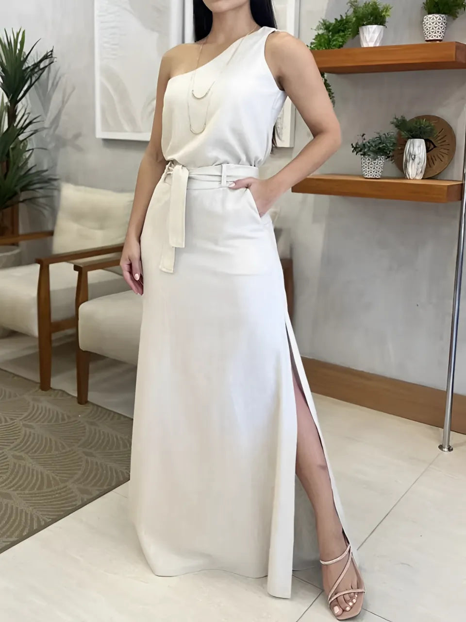 One-Shoulder Top and Tie-Waist Maxi Skirt Set - Malena