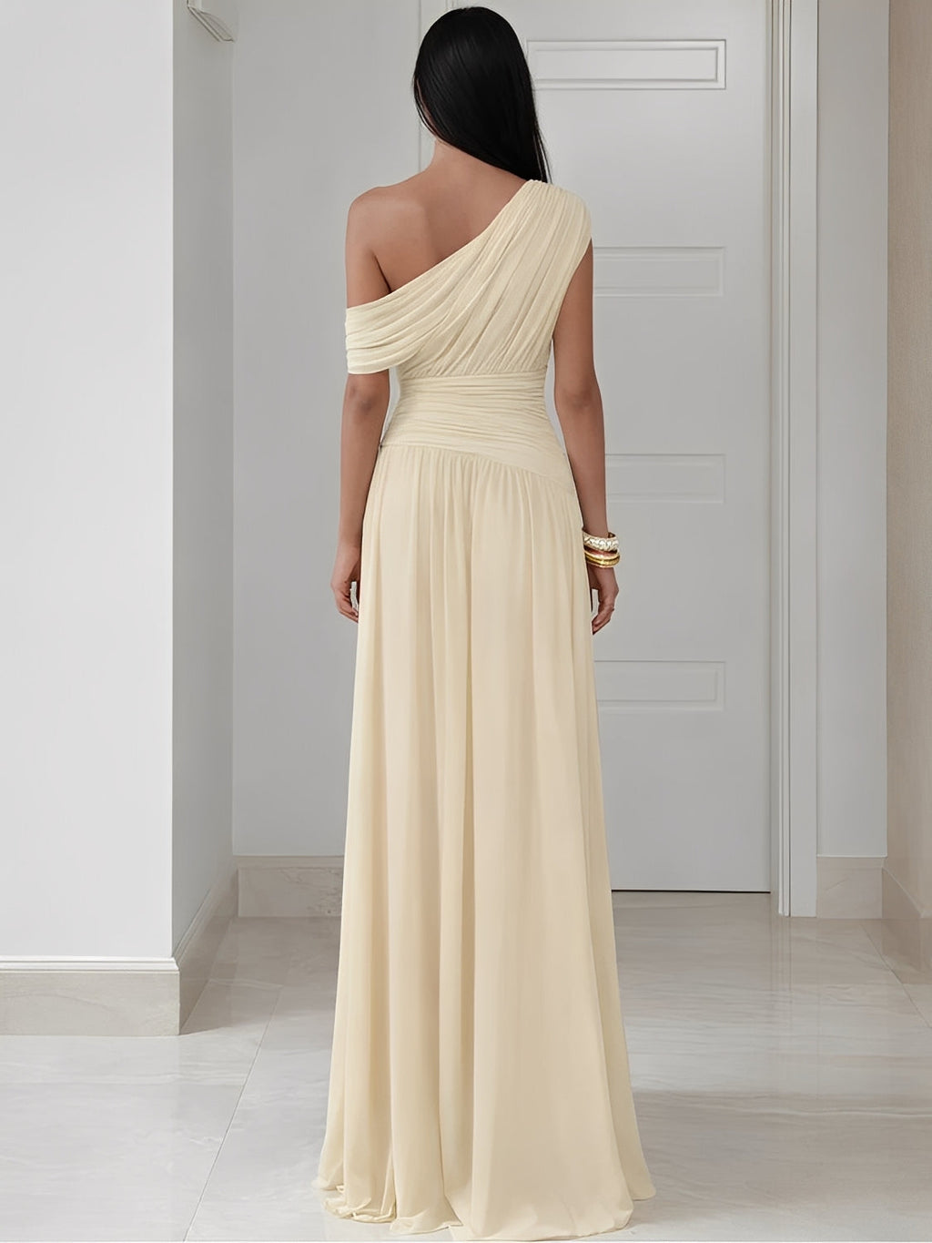 Fitted One-Shoulder Pleated Maxi Dress with Ruching – Lunara