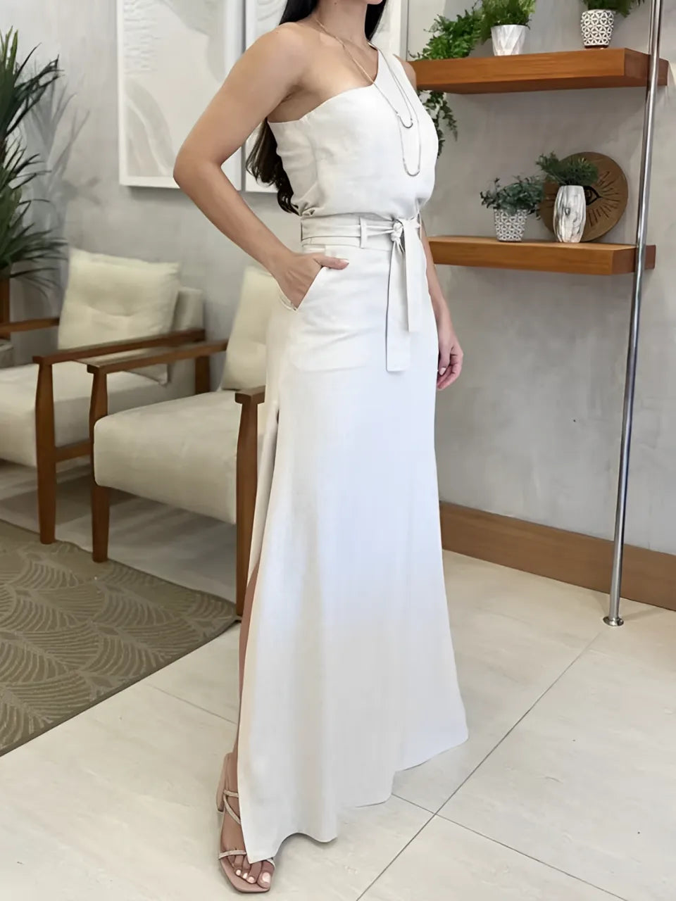 One-Shoulder Top and Tie-Waist Maxi Skirt Set - Malena