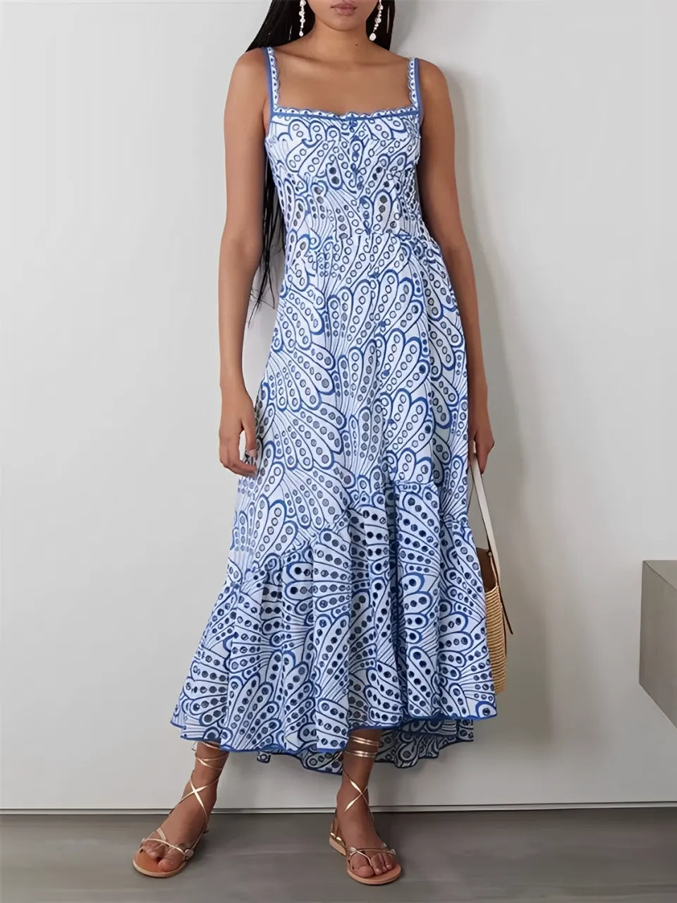 Eyelet Midi Dress with Delicate Ruffles and Elastic Back – Marina