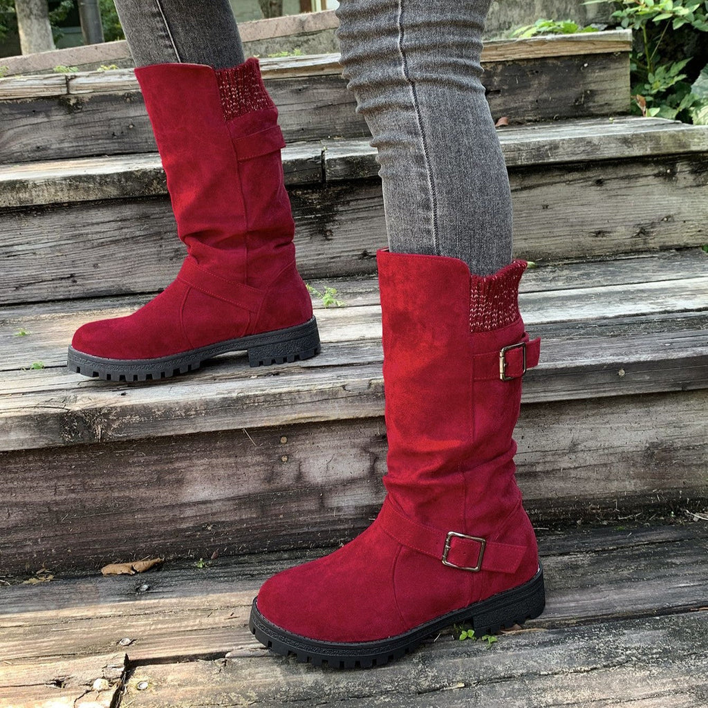 Fiorelle Damen-Wildlederstiefel mit Schnalle, wadenhoch – Gestrickte Manschette, Western-Stil, Slouchy-Schuhe (US 5–10,5)