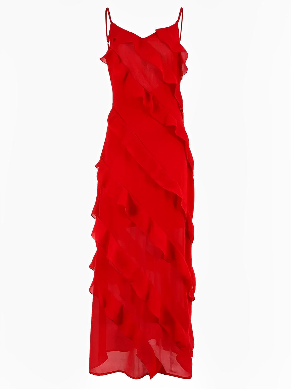 Robe longue de soirée en mousseline à bretelles, volants et dos nu – Cassandra