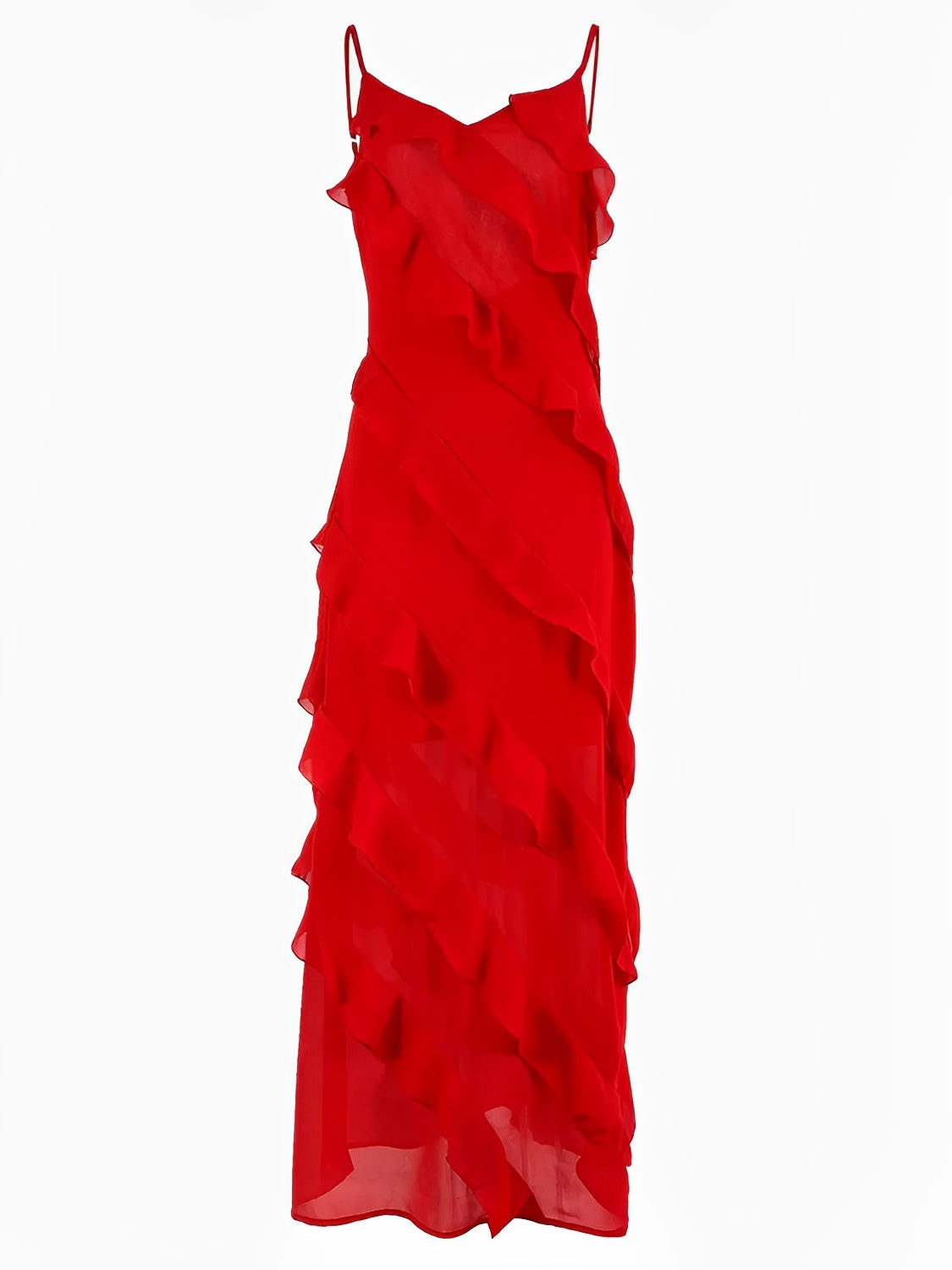 Robe longue de soirée en mousseline à bretelles, volants et dos nu – Cassandra