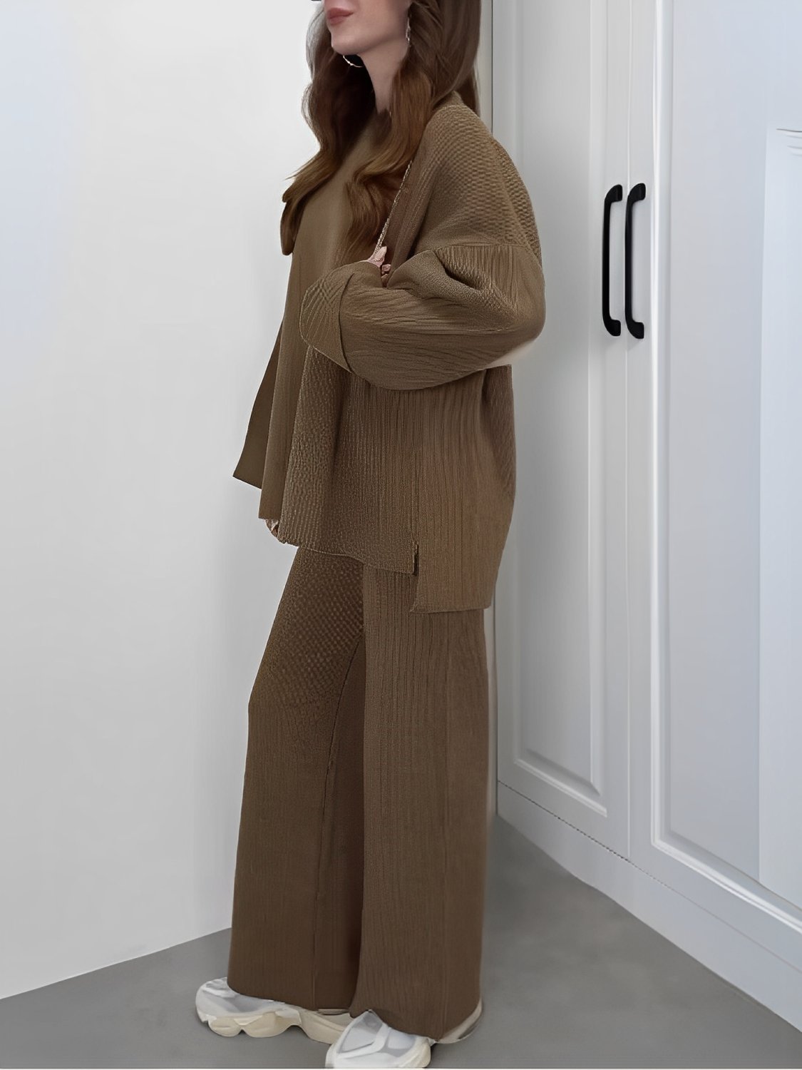 Women's Ribbed Knit Set with Oversized High-Low Sweater and High Elastic-Waist Trousers - Elis