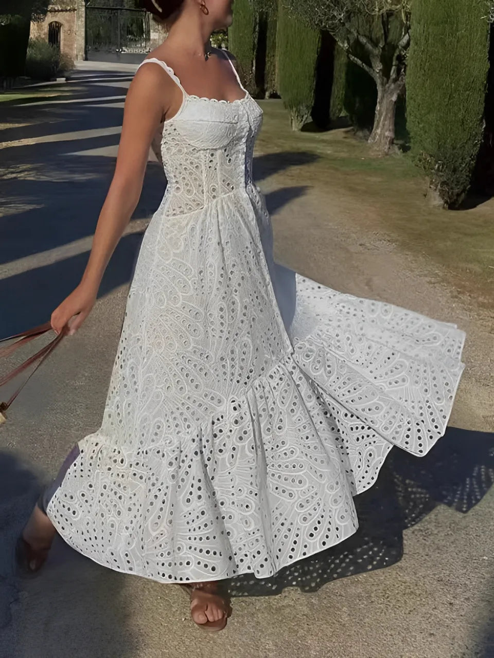 Eyelet Midi Dress with Delicate Ruffles and Elastic Back – Marina
