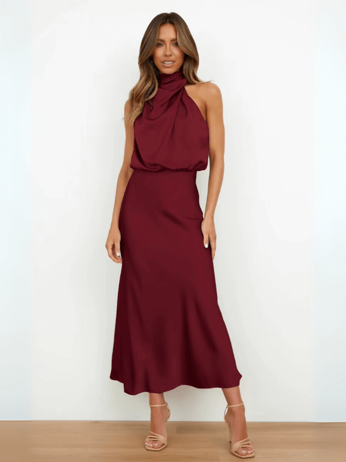 Elegant Fitted Satin Midi Dress with Draped High Neck – Rayca