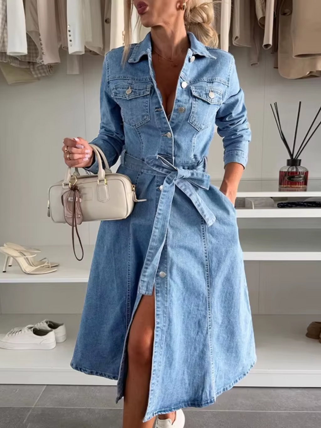 Jeans-Midikleid mit Polokragen und Bindegürtel - Nadia