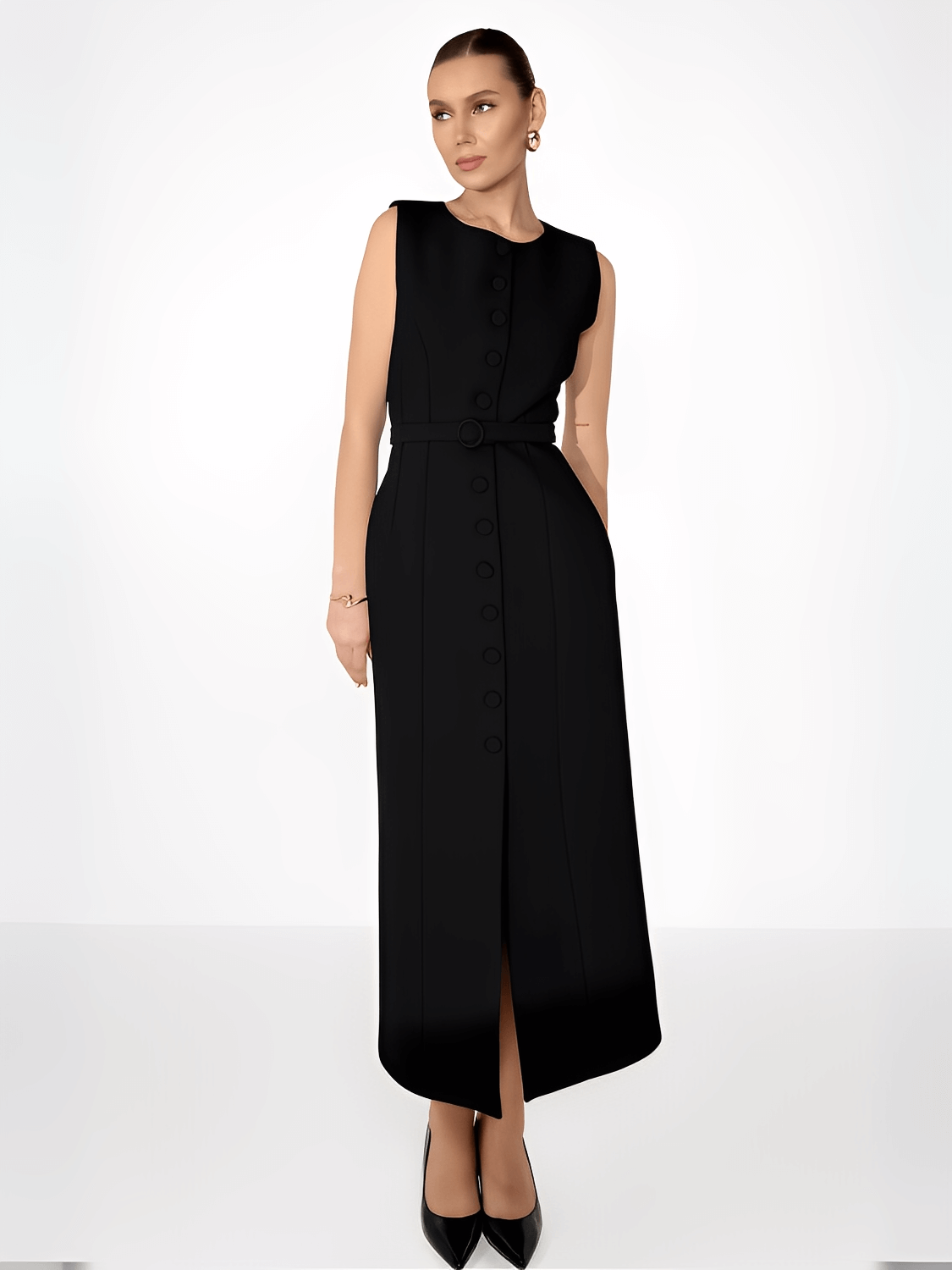 Sleeveless Midi Dress with Covered Buttons, Belt and Slit – Selena