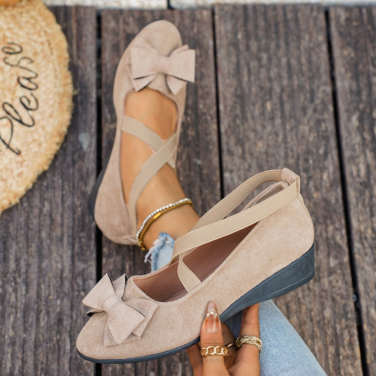 Mocassins compensés en suédine à nœud Elara pour femme Fiorelle – Chaussures à enfiler confortables avec brides croisées élastiques (US 5–10,5)