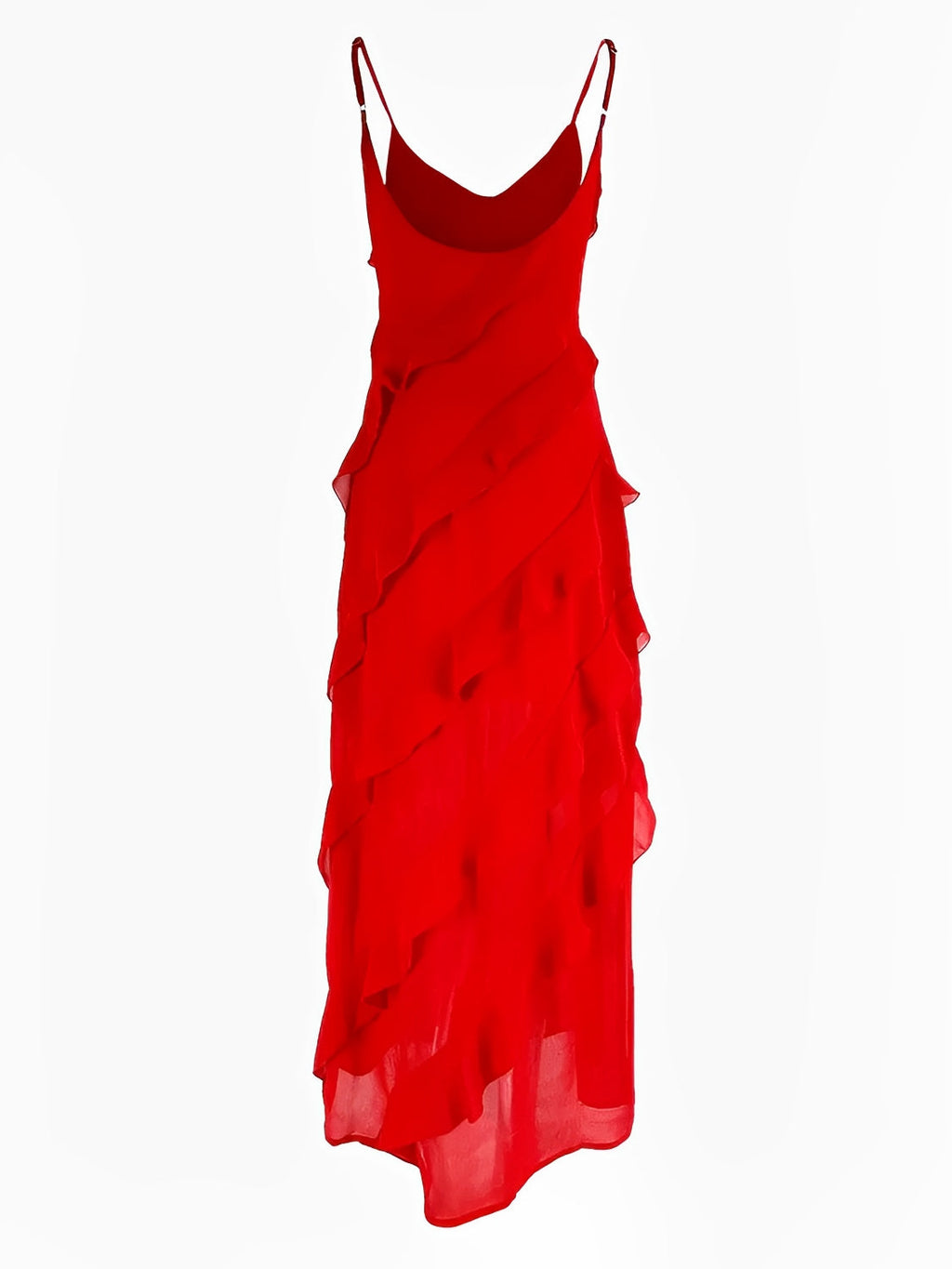 Robe longue de soirée en mousseline à bretelles, volants et dos nu – Cassandra