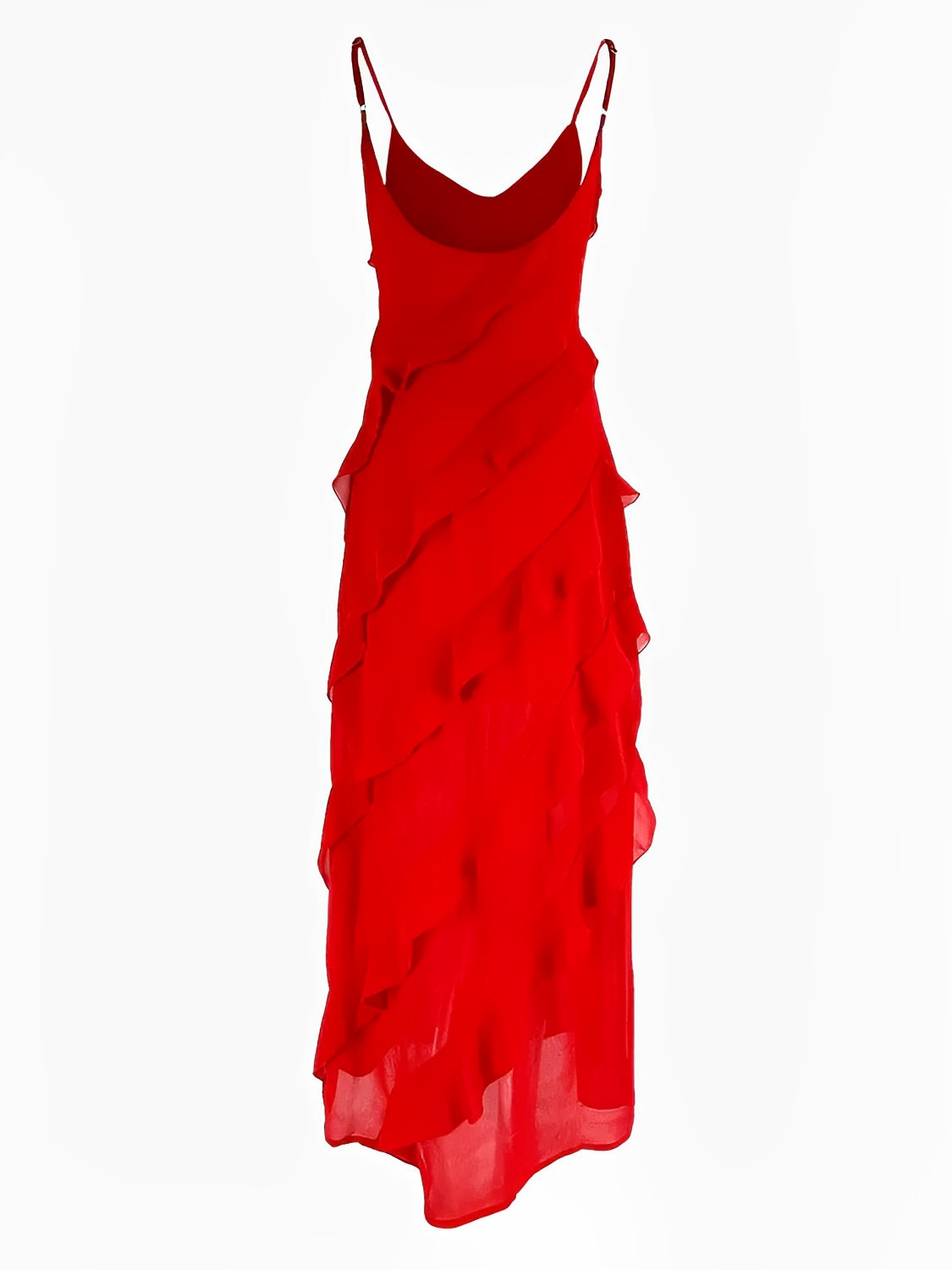 Robe longue de soirée en mousseline à bretelles, volants et dos nu – Cassandra