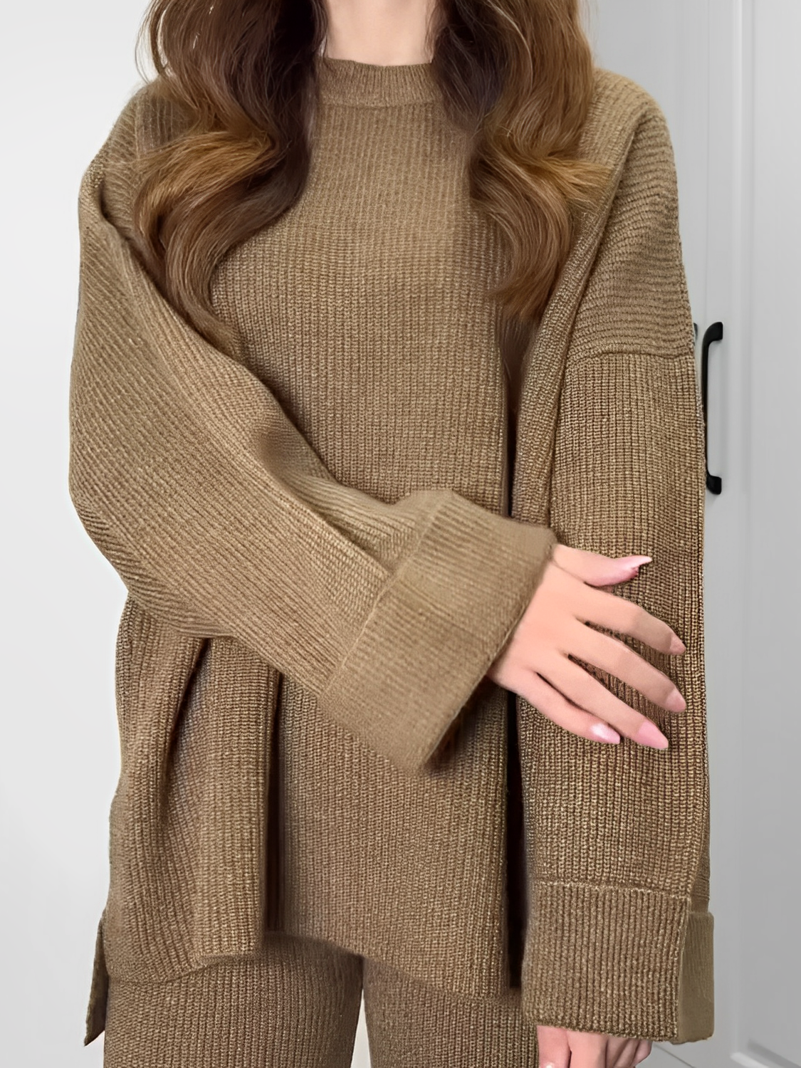 Women's Ribbed Knit Set with Oversized High-Low Sweater and High Elastic-Waist Trousers - Elis