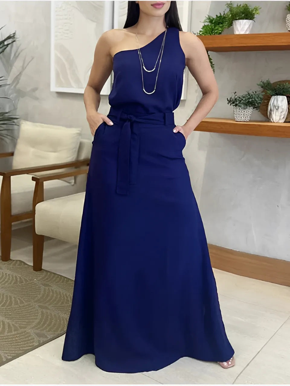 One-Shoulder Top and Tie-Waist Maxi Skirt Set - Malena