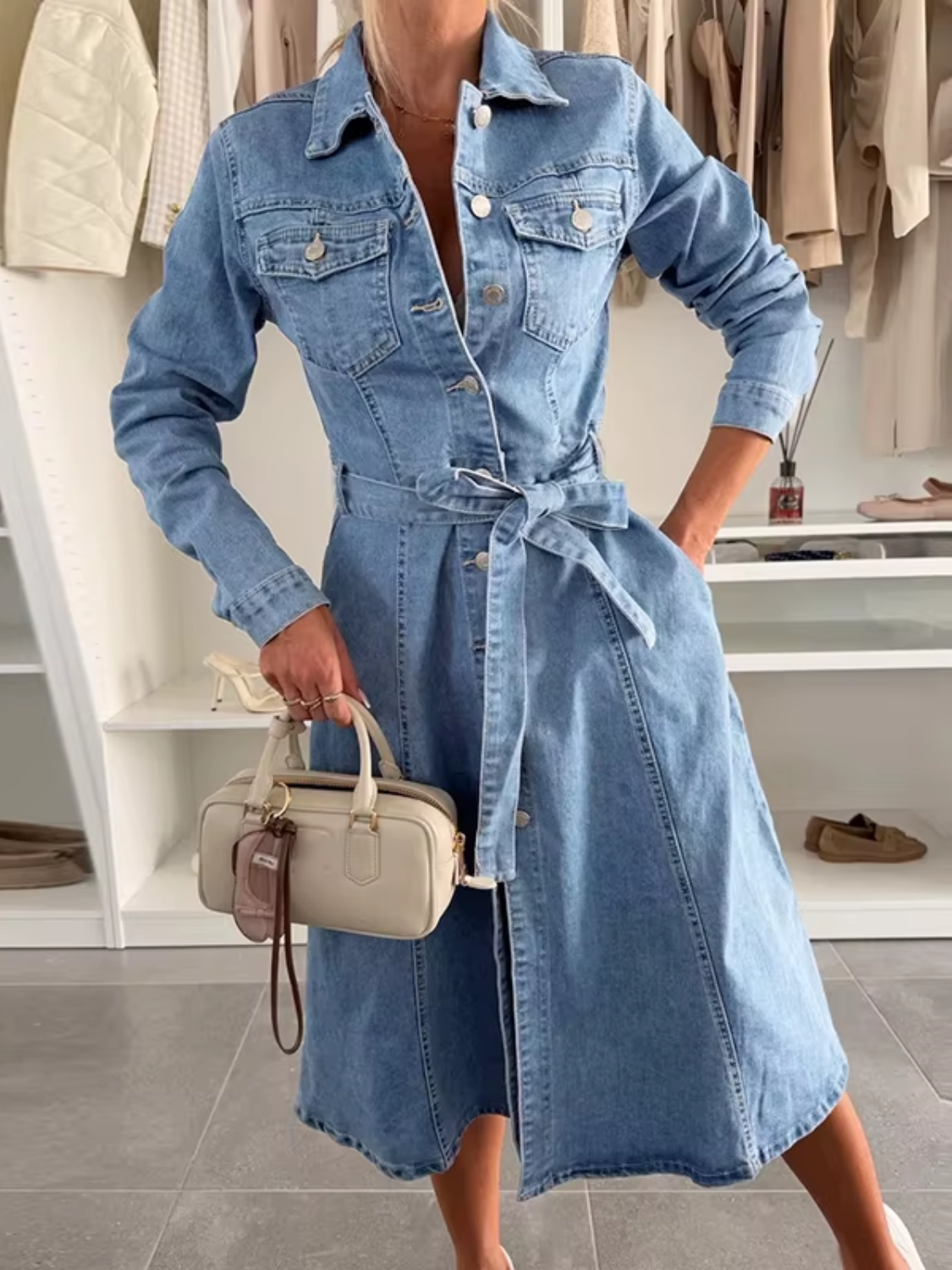 Jeans-Midikleid mit Polokragen und Bindegürtel - Nadia