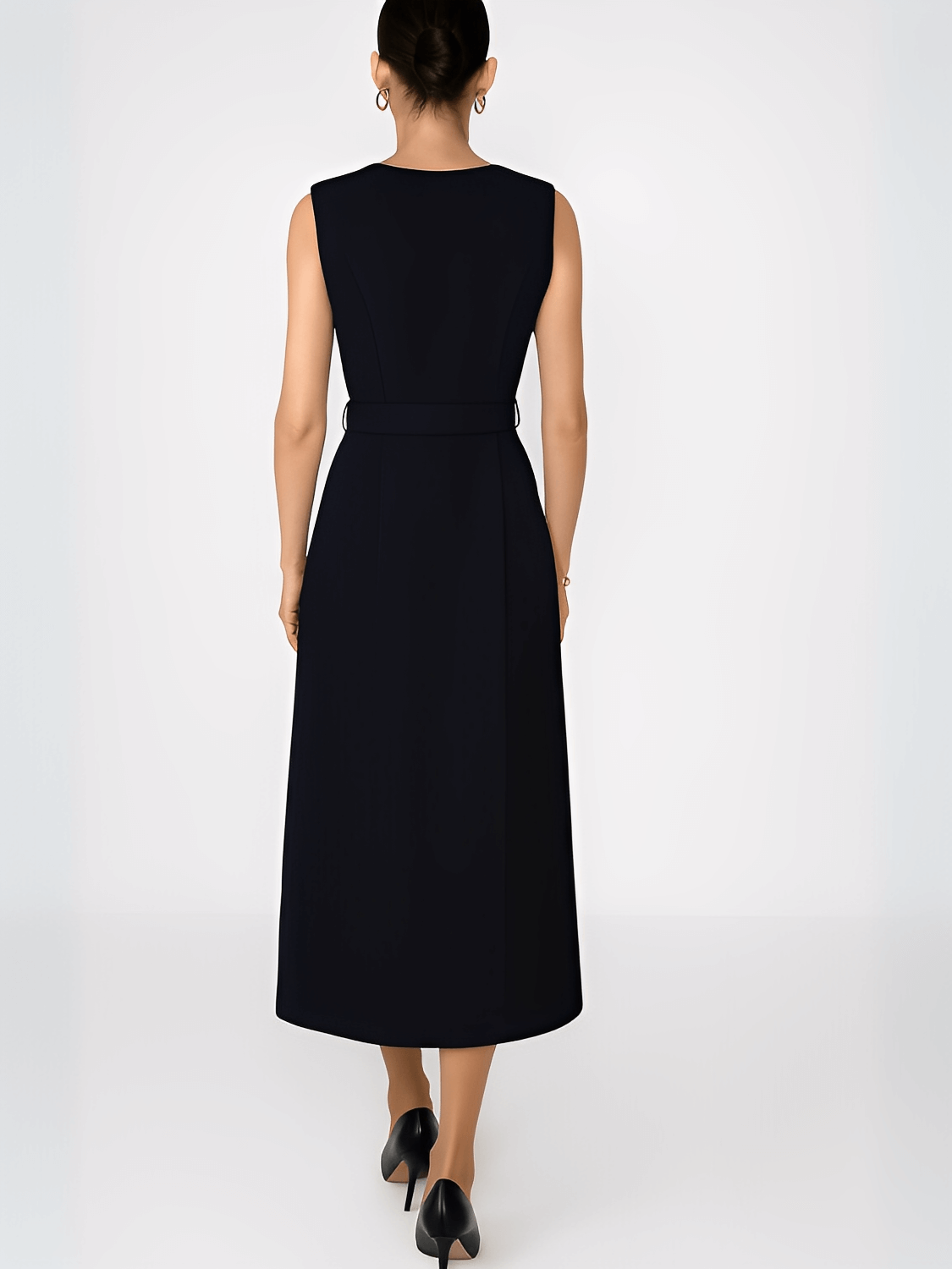 Sleeveless Midi Dress with Covered Buttons, Belt and Slit – Selena