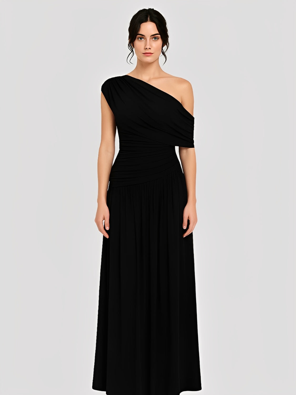 Fitted One-Shoulder Pleated Maxi Dress with Ruching – Lunara