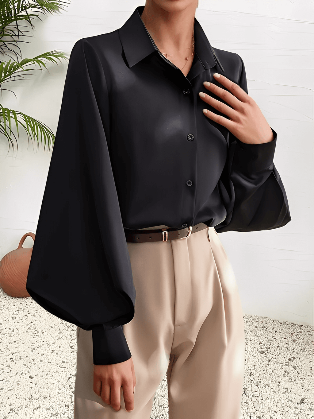 Structured Fabric Shirt with Lantern Sleeves and Lapel Collar – Scarllet