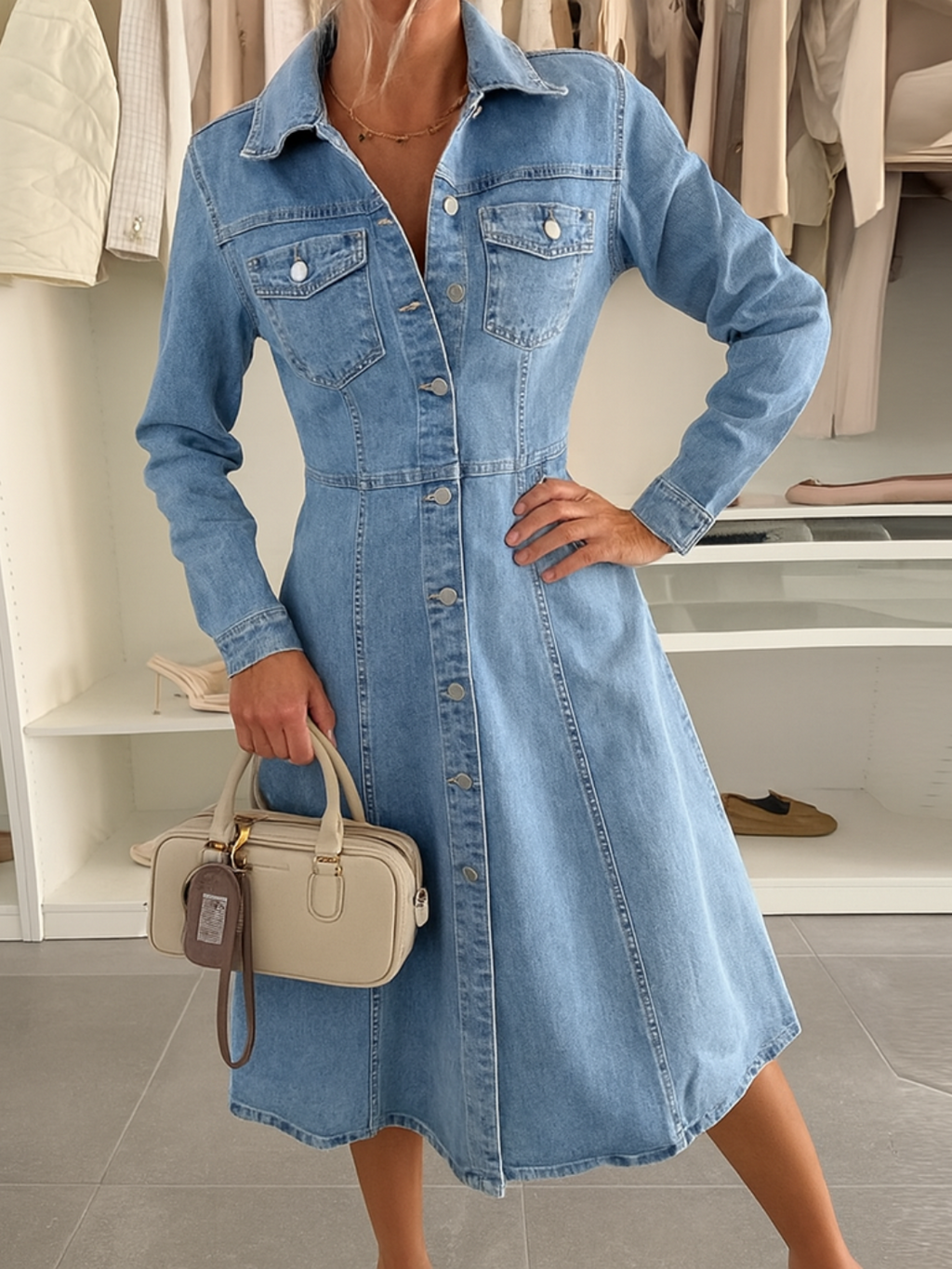 Jeans-Midikleid mit Polokragen und Bindegürtel - Nadia
