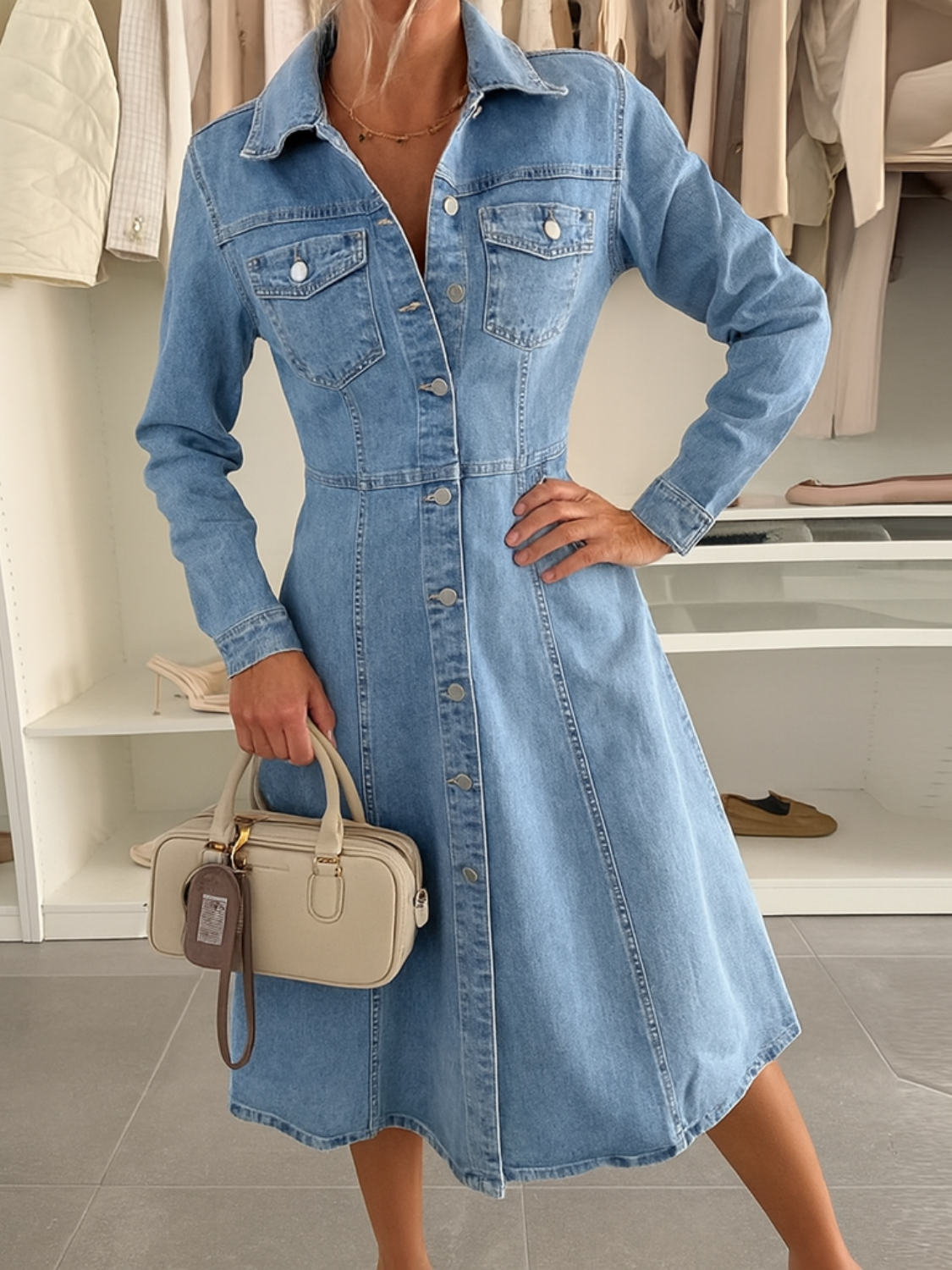 Jeans-Midikleid mit Polokragen und Bindegürtel - Nadia