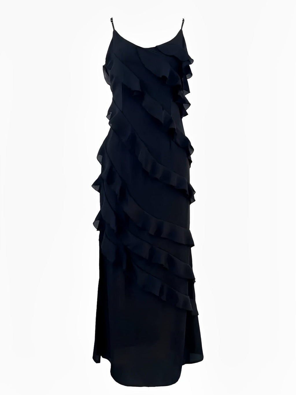 Robe longue de soirée en mousseline à bretelles, volants et dos nu – Cassandra
