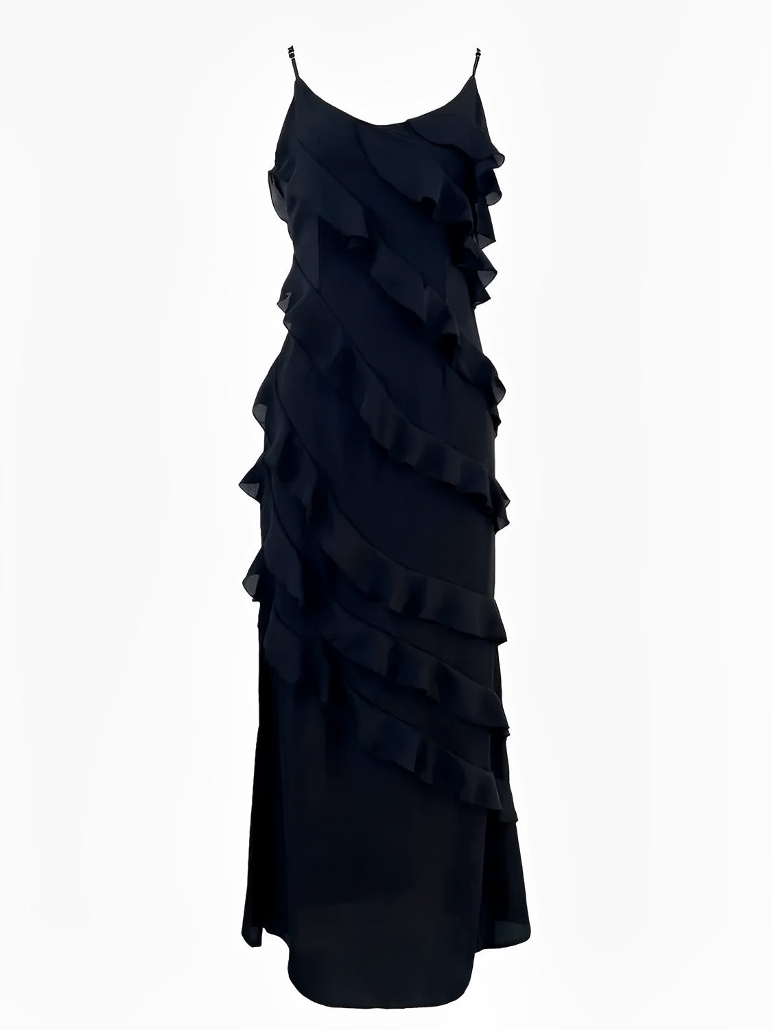 Robe longue de soirée en mousseline à bretelles, volants et dos nu – Cassandra