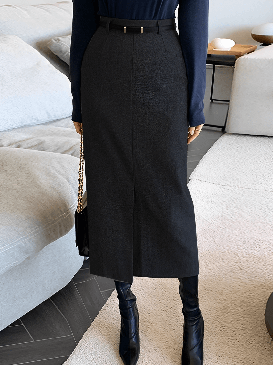 Classic Tailored High-Waisted Midi Skirt with Belt – Chiara