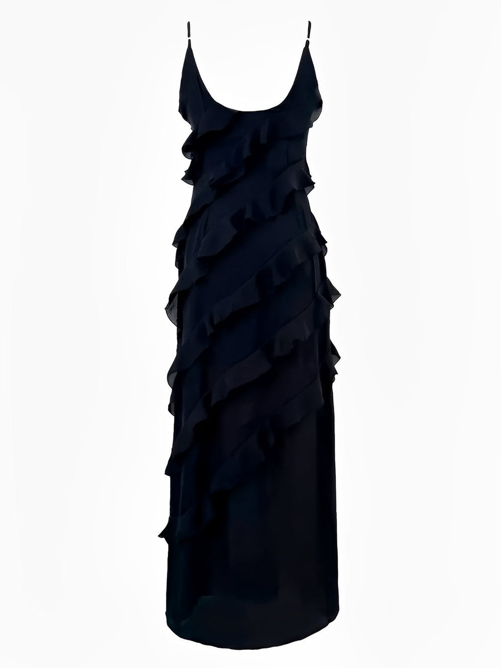 Robe longue de soirée en mousseline à bretelles, volants et dos nu – Cassandra