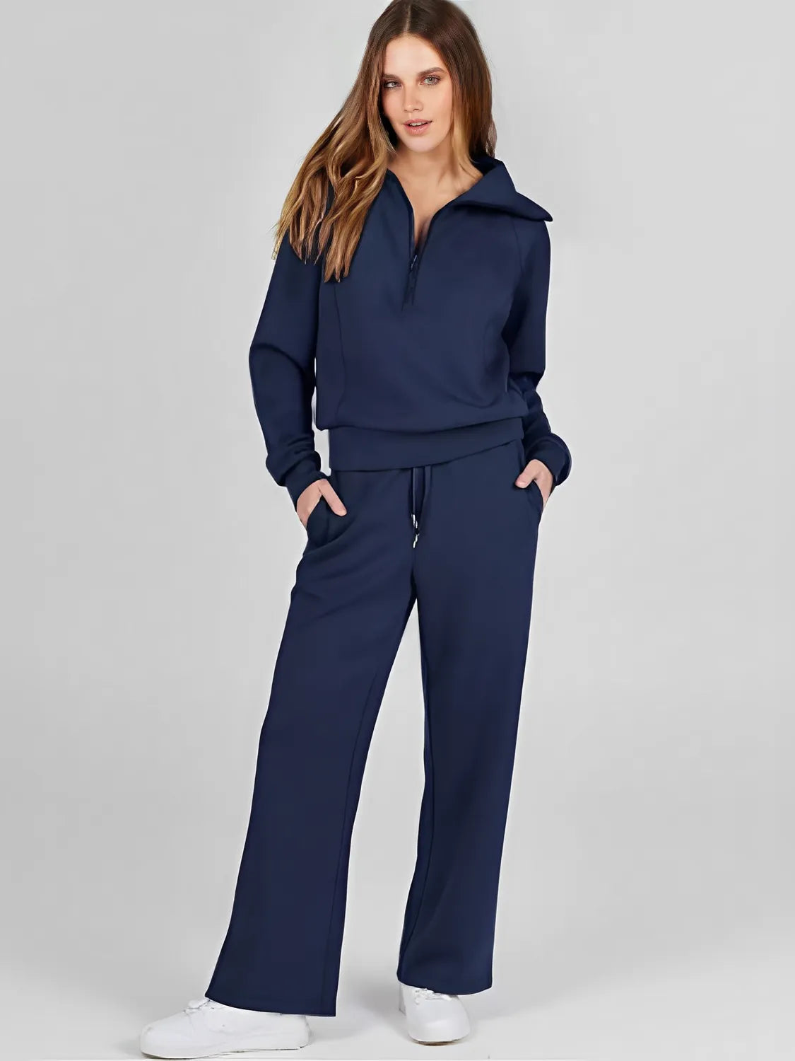 Women's Set with Adjustable High-Neck Sweater and Mid-Rise Drawstring Trousers - Alessandra