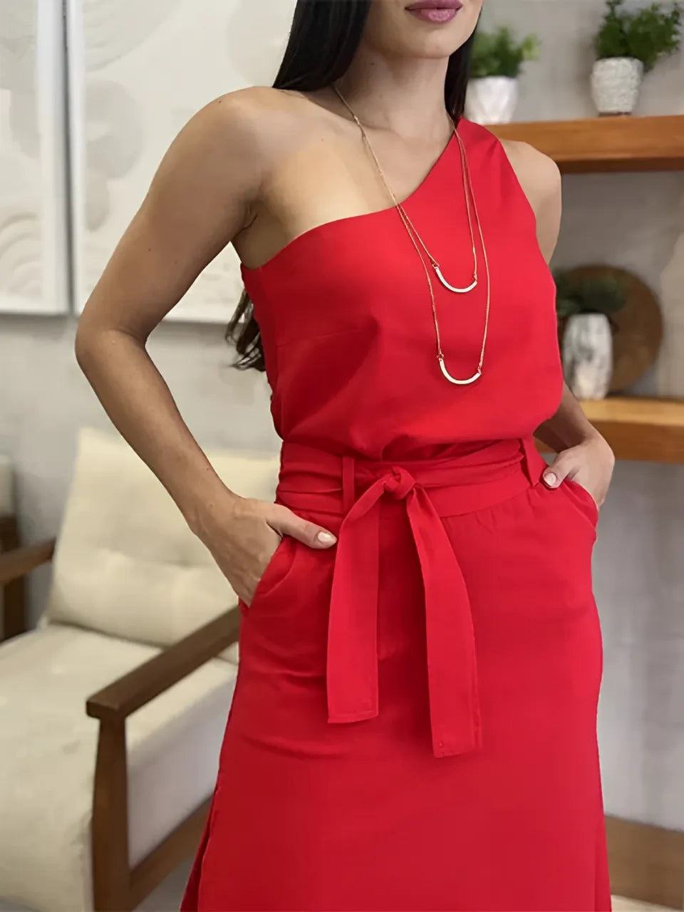 One-Shoulder Top and Tie-Waist Maxi Skirt Set - Malena