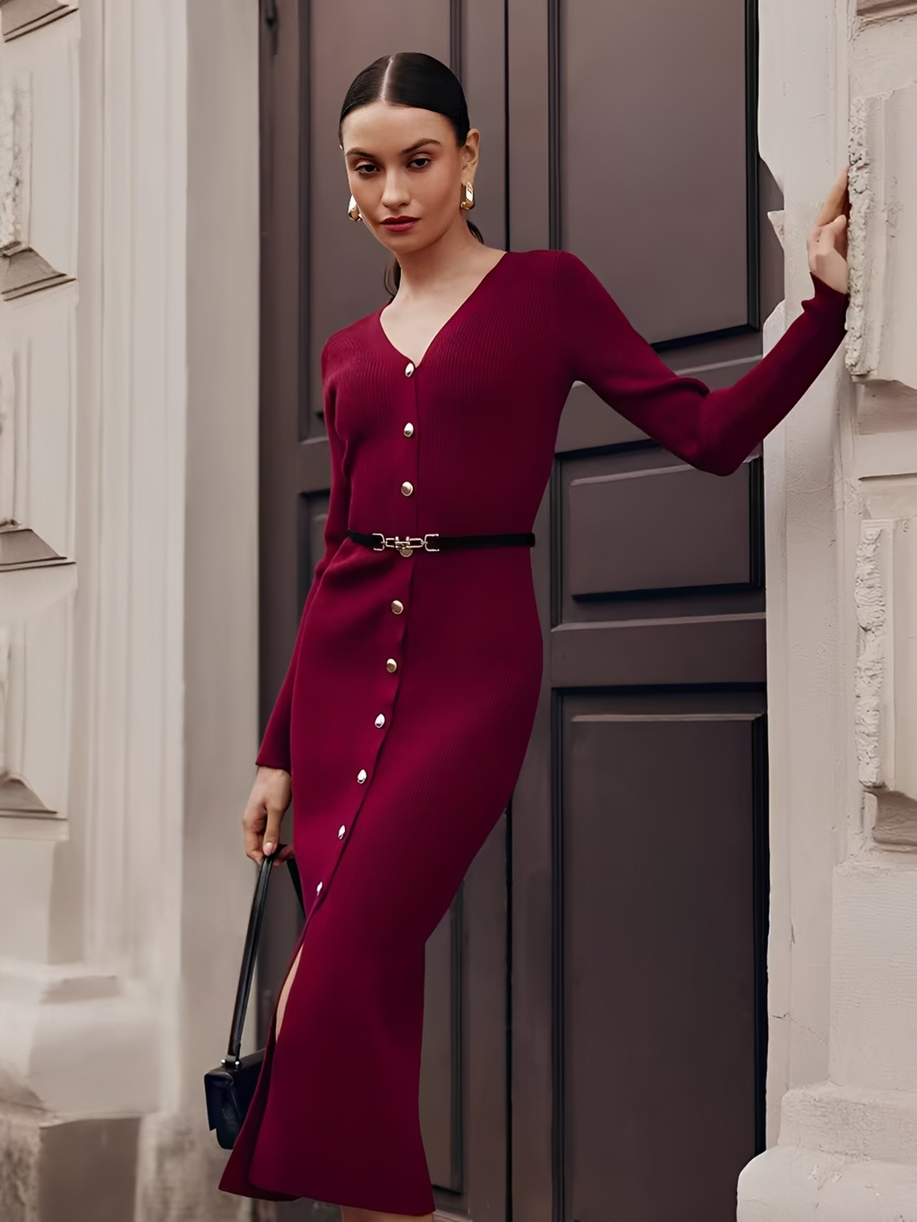 Robe midi côtelée à manches longues, col en V et boutons à l'avant - Iracema