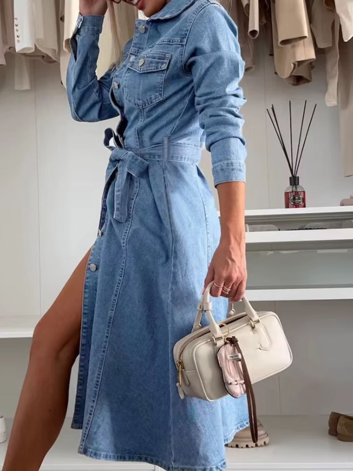Jeans-Midikleid mit Polokragen und Bindegürtel - Nadia