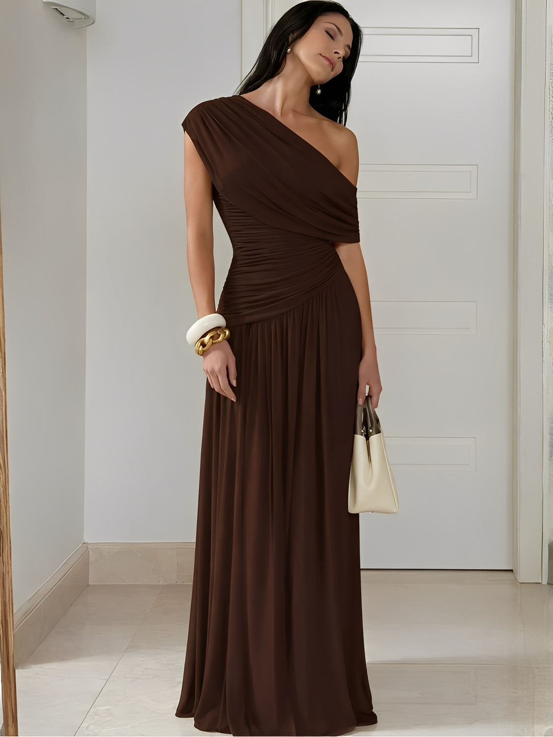Fitted One-Shoulder Pleated Maxi Dress with Ruching – Lunara