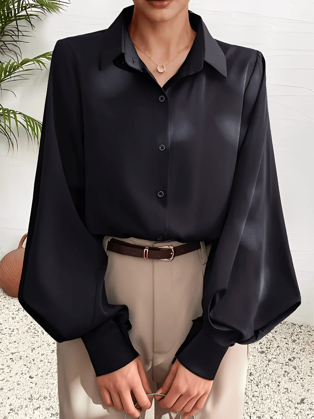 Structured Fabric Shirt with Lantern Sleeves and Lapel Collar – Scarllet