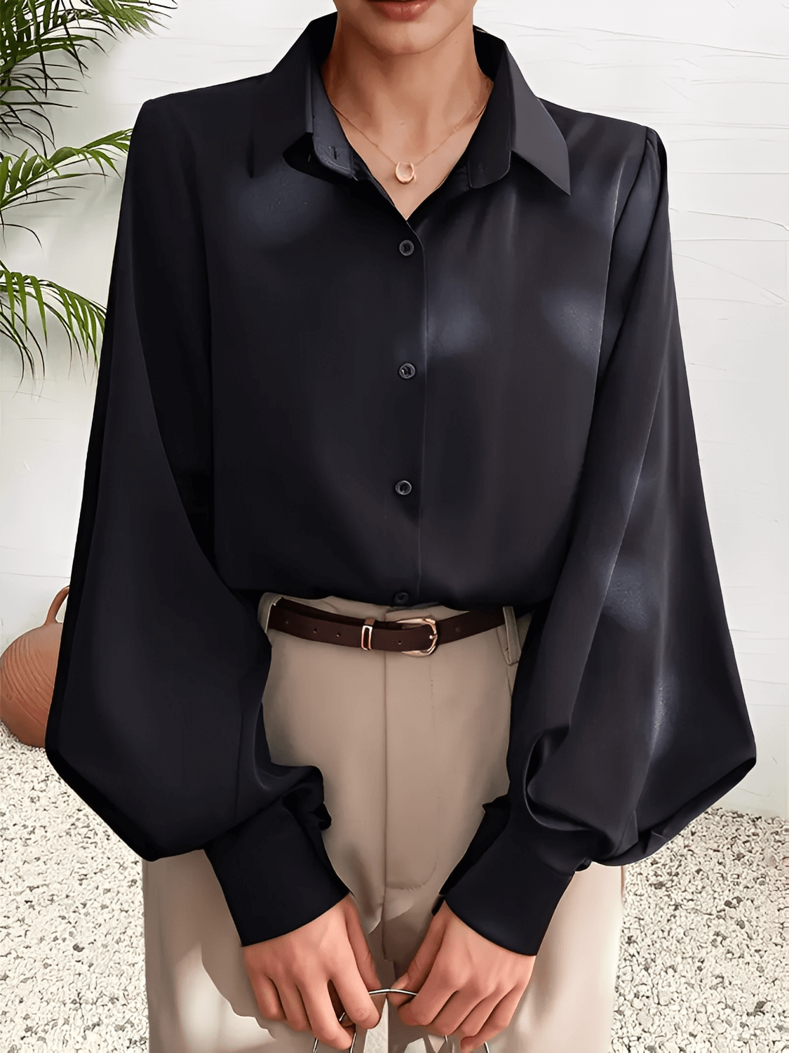 Structured Fabric Shirt with Lantern Sleeves and Lapel Collar – Scarllet