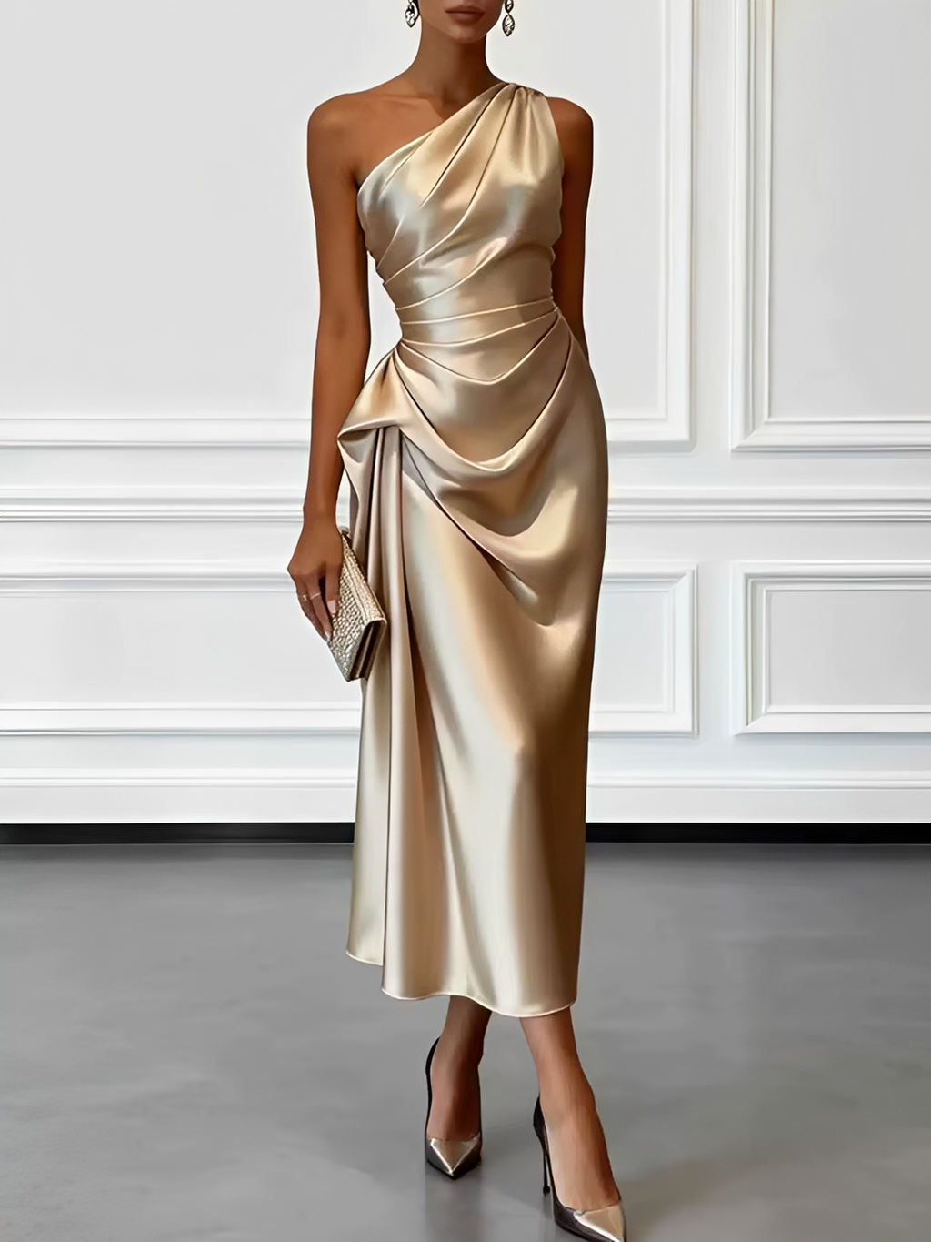 Figurbetontes Satin-Midikleid mit asymmetrischem Ausschnitt und eleganter Drapierung - Penelope