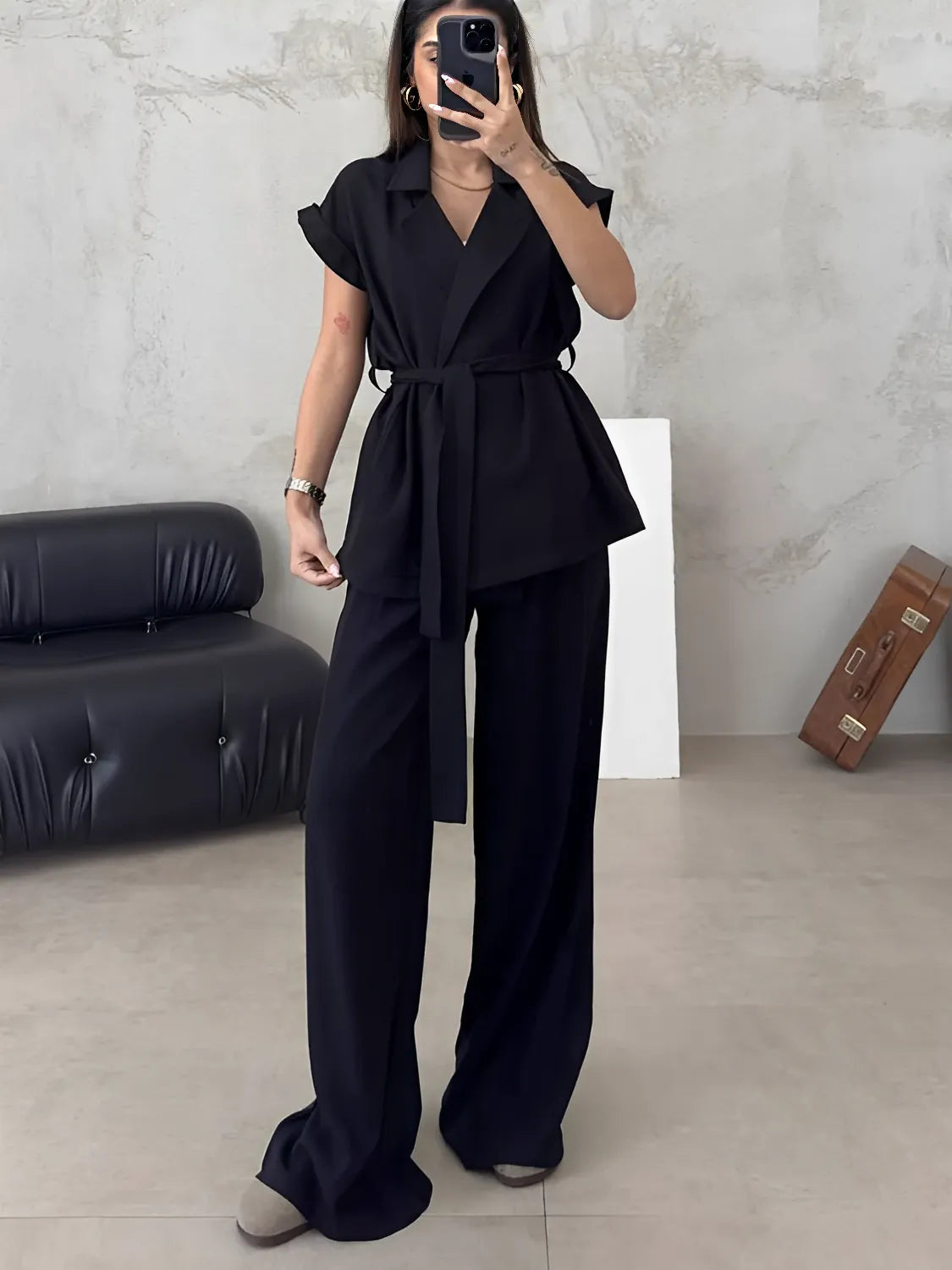 Tailored Set with Tie-Front Blouse and Palazzo Trousers - Dominique