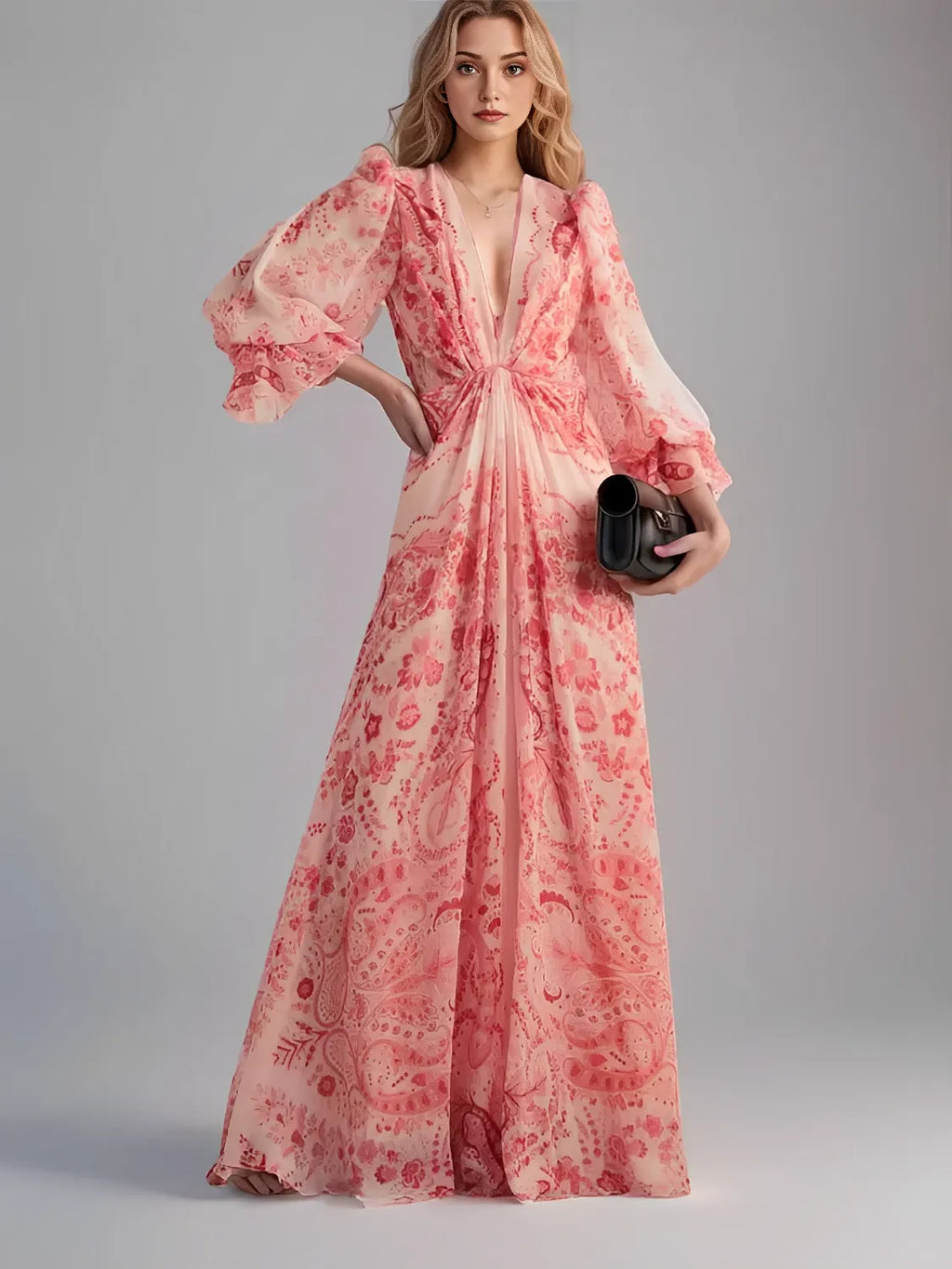 Elegant Printed Fitted Maxi Dress with Long Sleeves – Clarisse