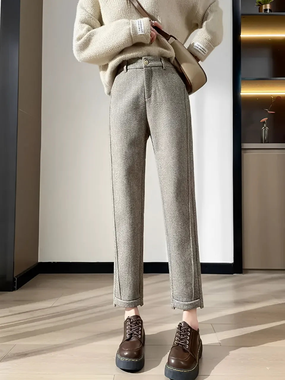 Pantalon droit taille haute en laine et cachemire pour femme avec élastique – Leda